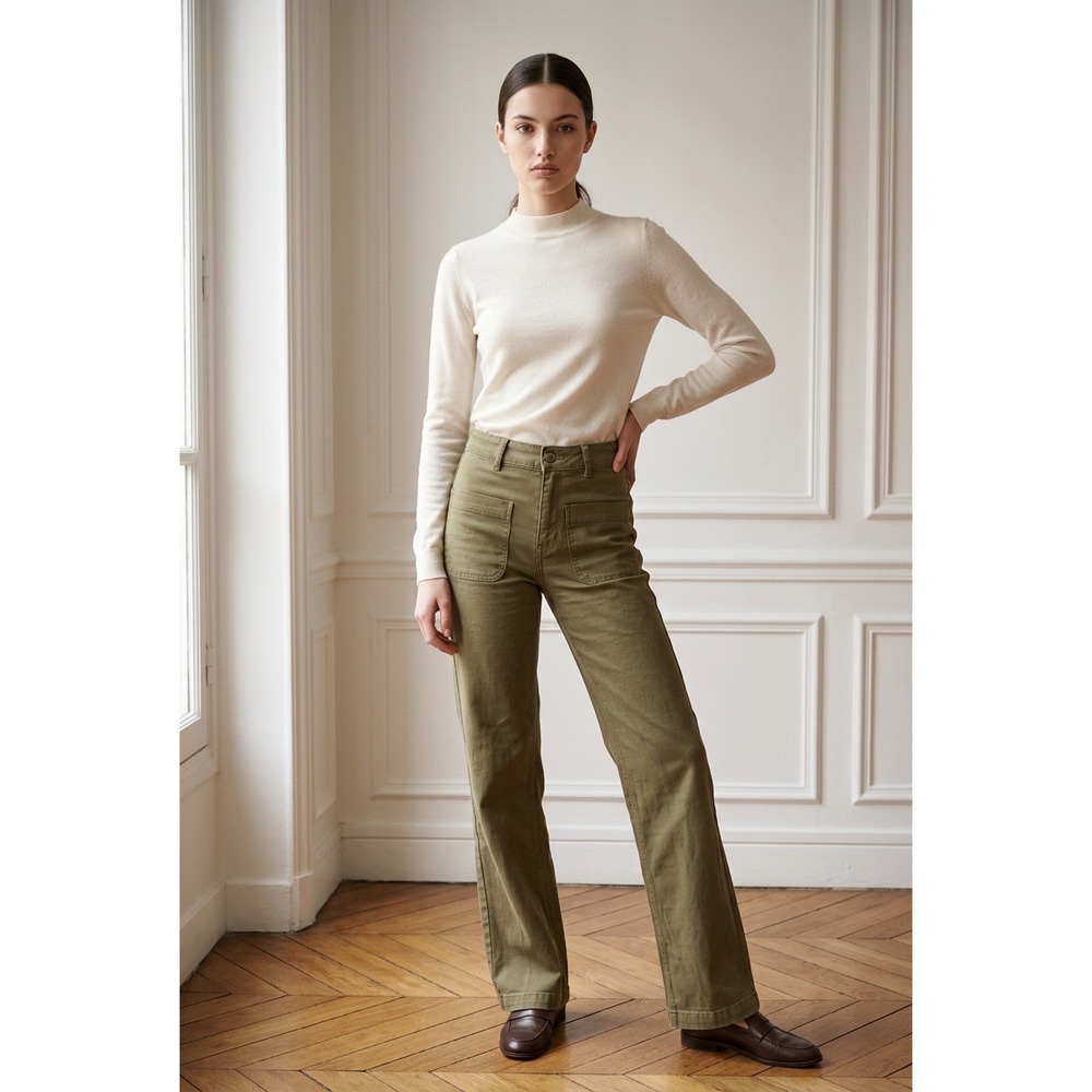 La Petite Etoile Paris Olive Beige High Waist Straight Leg Pants Small (36 FR)